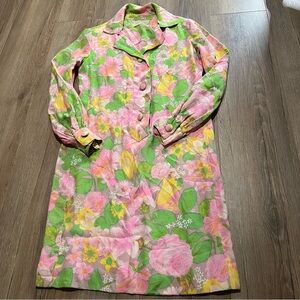 Vintage 1960’s Green Pink Floral Dress Women’s Collared Larry Aldrich New York